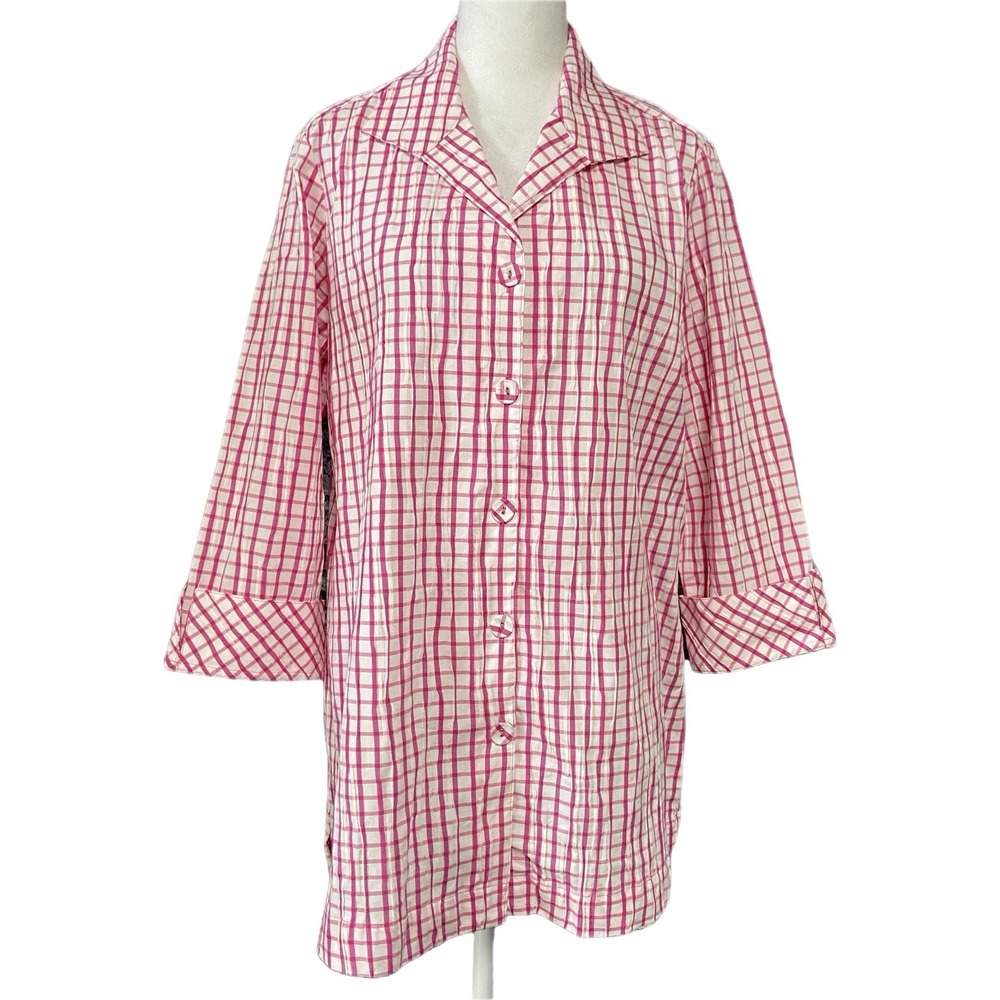 Foxcroft Shirt Womens 12 Pink Check Button Up 3/4 Sleeve Tunic Stretch Top